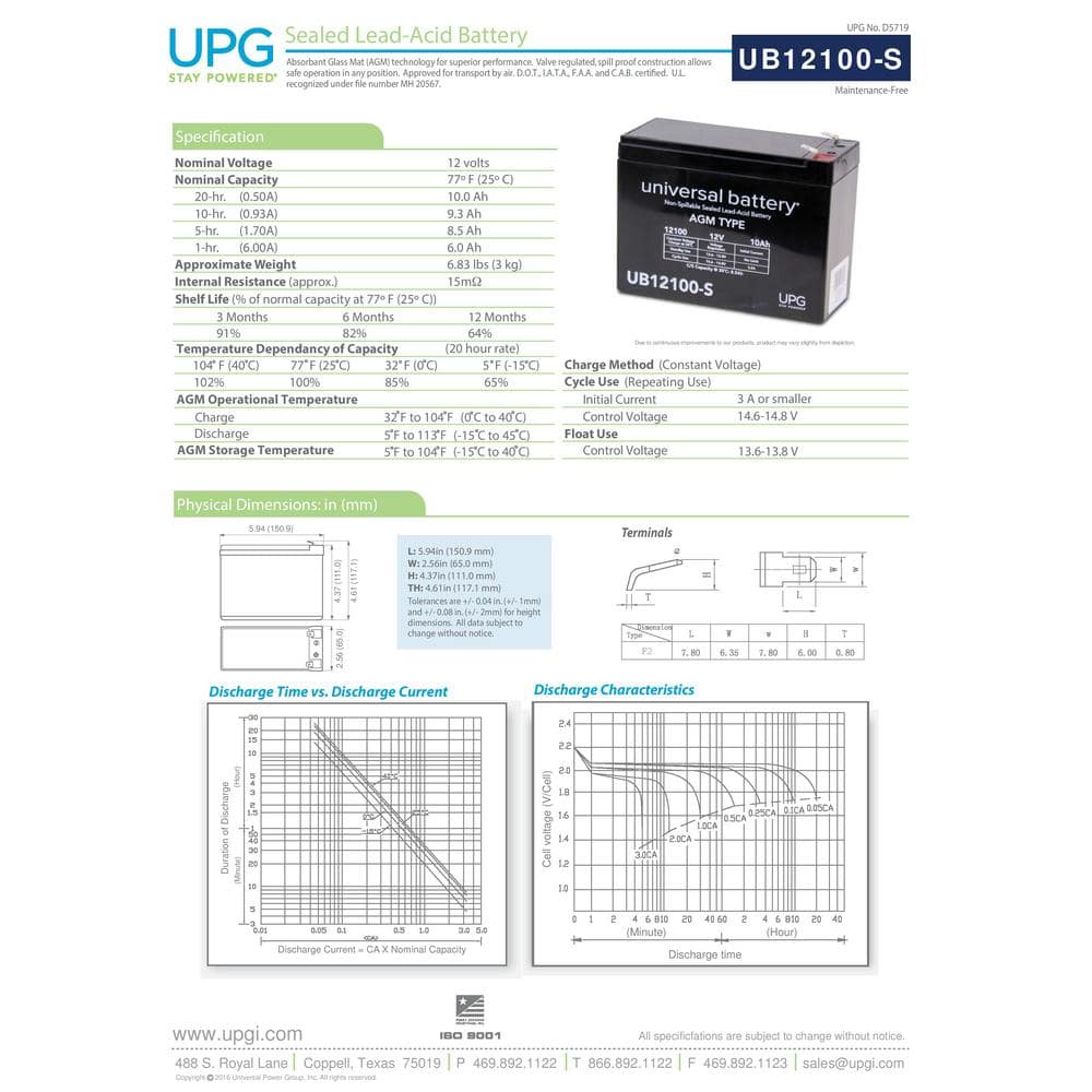 UPG 12-Volt 10 Ah F2 Terminal Sealed Lead Acid (SLA) AGM Rechargeable Battery (3)