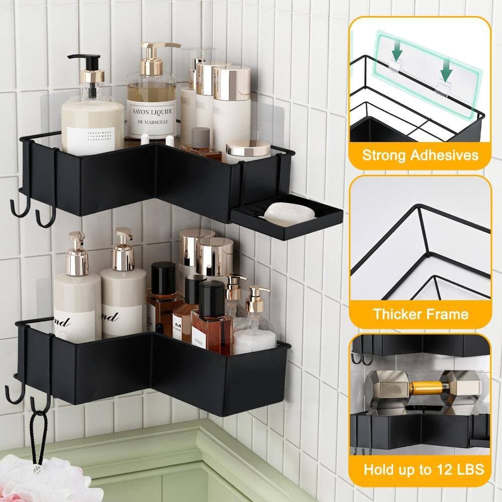 Unbranded 10.15 in. W x 2.63 in. H x 5.11 in. D Stainless Steel L-Shaped Shelf in Black DrillFree Adhesive Corner Shower Organizer (2)