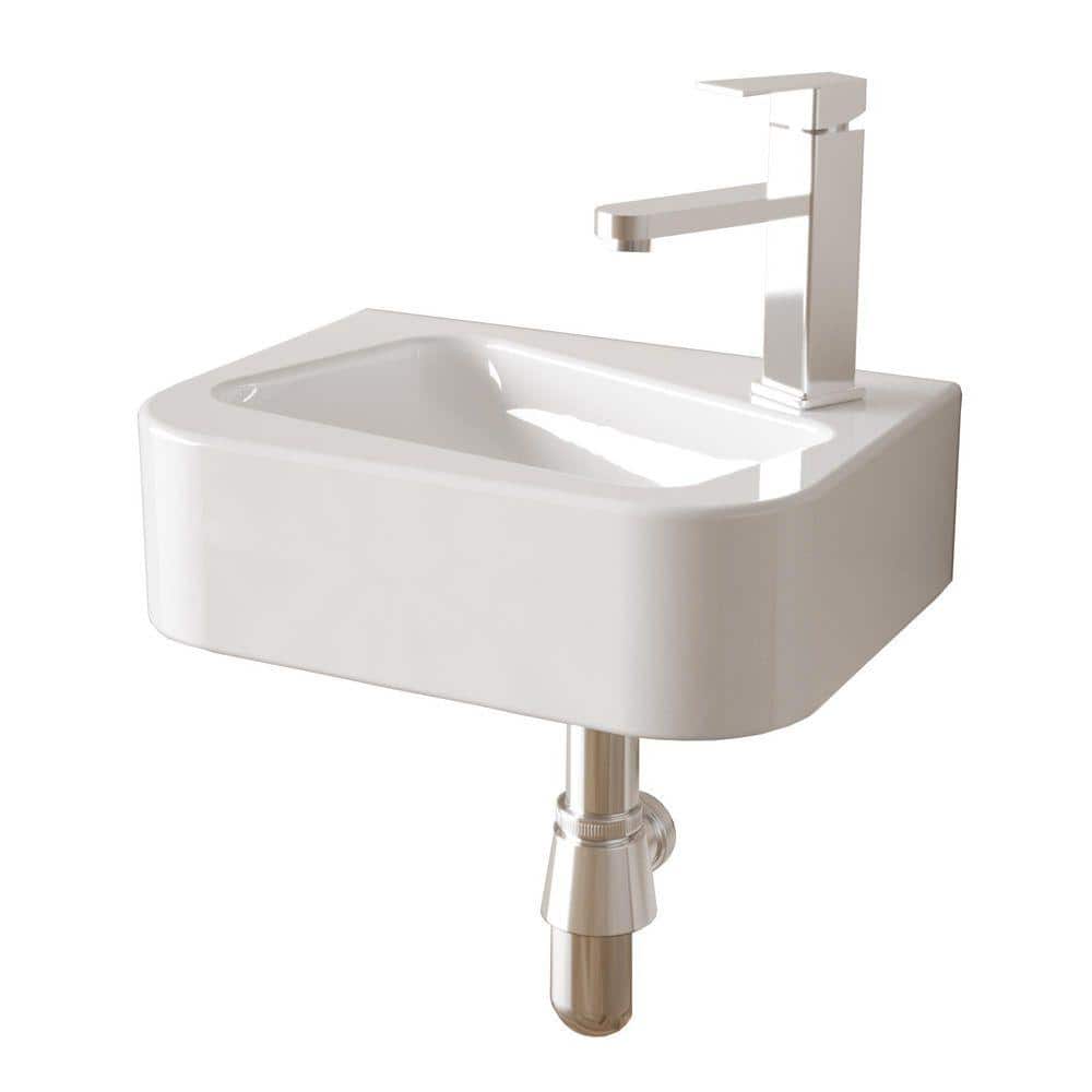Miscool Avex 14.18 in. Floating Wall Mounted Bathroom Sink in White with Darin and Faucet （On the Right） (1)