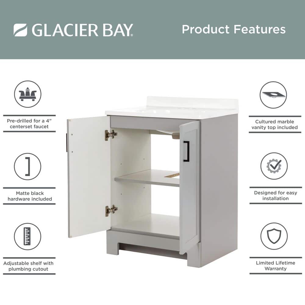 Glacier Bay Oakley 25 in. Single Sink Pearl Gray Freestanding Bath Vanity with White Cultured Marble Top (Assembled) (4)