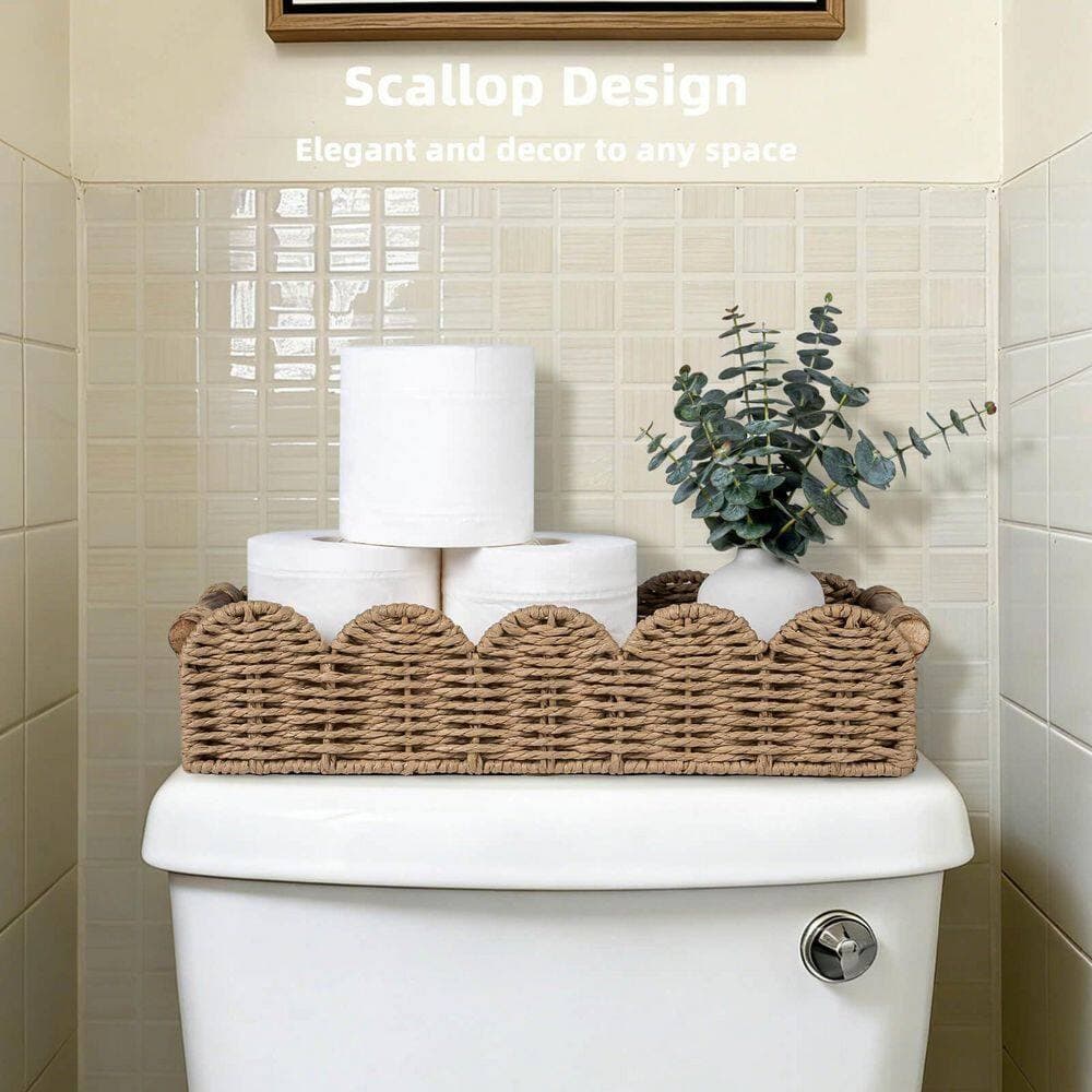 KHKFY Scalloped Wicker Bathroom Basket Tray with Wooden Handles Paper Rope Weave Countertop Toilet Paper Stand (2)