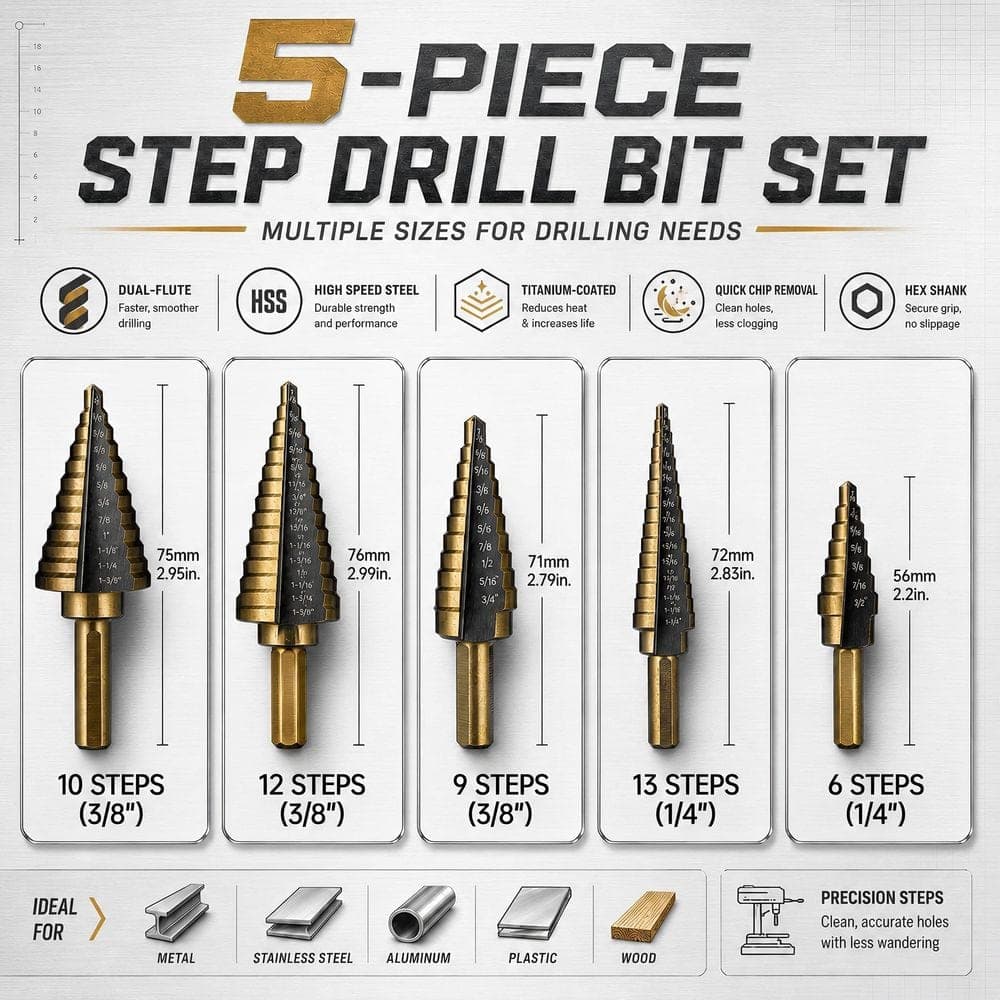 MYWISH Titanium HSS Step Drill Bit Set (5-Piece) with Aluminum Case (2)