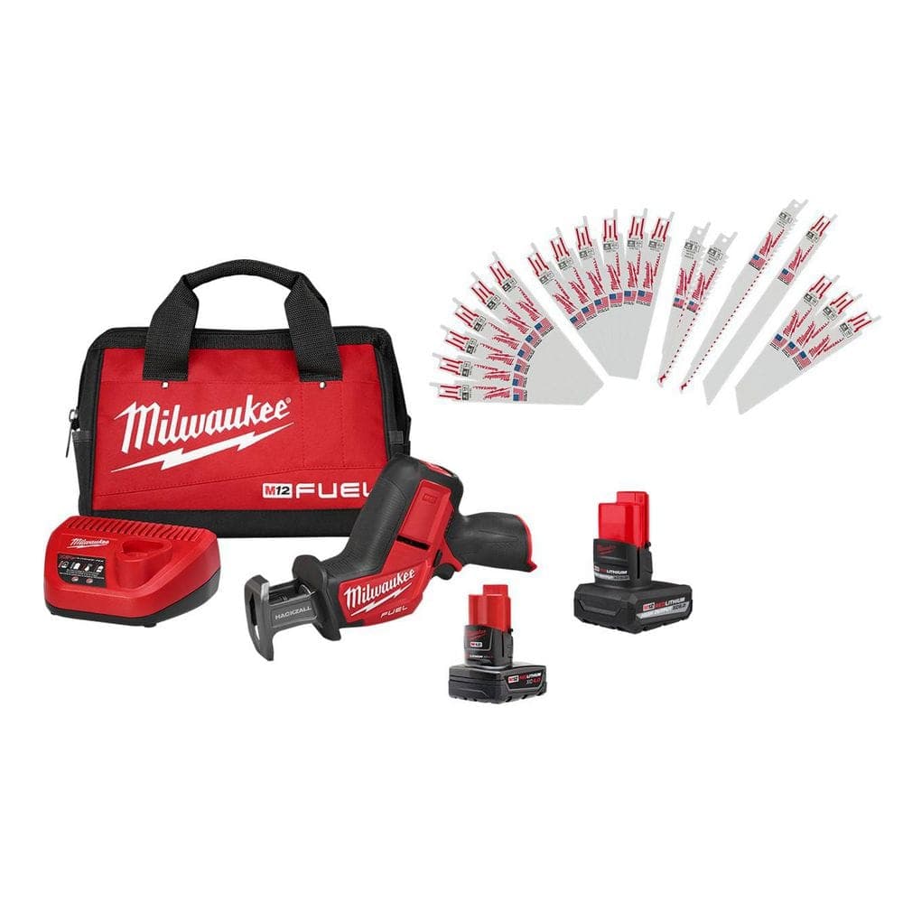Milwaukee M12 FUEL 12V Li-Ion HACKZALL Kit w/ 5.0Ah XC HO Battery & SAWZALL Wood/Metal Blade Set (19-Pc) (1)