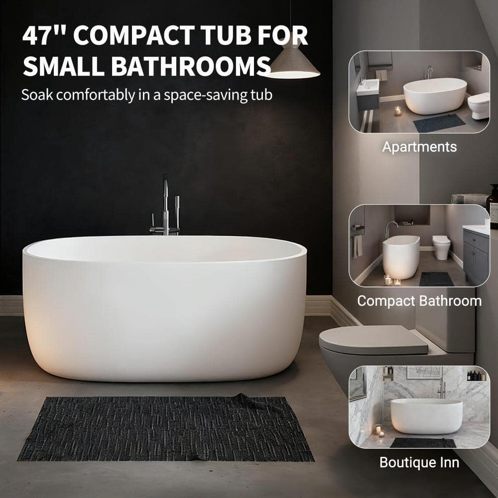 Fieeay 47 in. x 25 in. Compact Stone Resin Bathtub, Freestanding Solid Surface Soaking Bathtub with Overflow in Matte White (3)