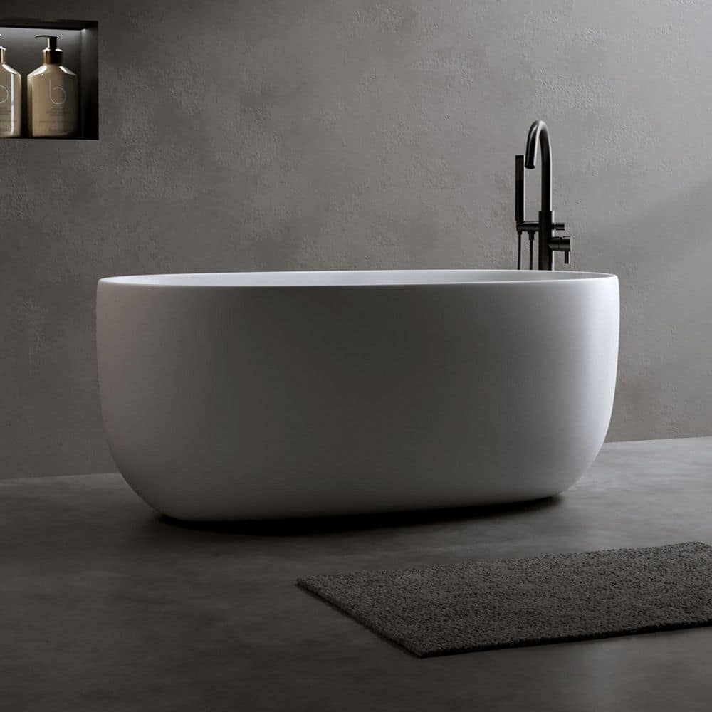LIVACA Modern 47.00 in. x 25.60 in. Flat Bottom Stone Resin Freestanding Soaking Bathtub with Center Drain in Matte White (3)