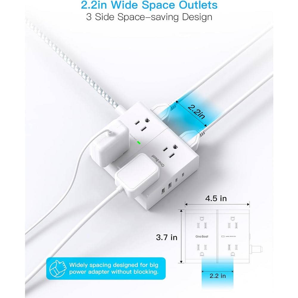 Ahfiwaso 20' Flat Plug Surge Protector Power Strip, Long Extension Cord with 8 Widely AC Outlets and 4 USB Ports (2 USB-C), Black (2)