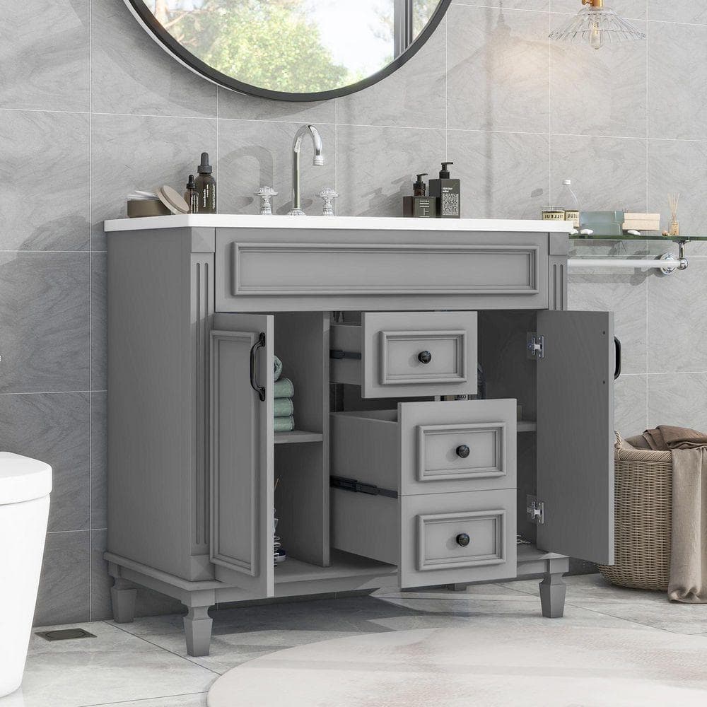 Xuanlur 36'' Wood Bathroom Vanity Grey Modern Bathroom Storage Cabinet with 2-Soft Closing Doors and 2-Drawers, Single Sink (2)