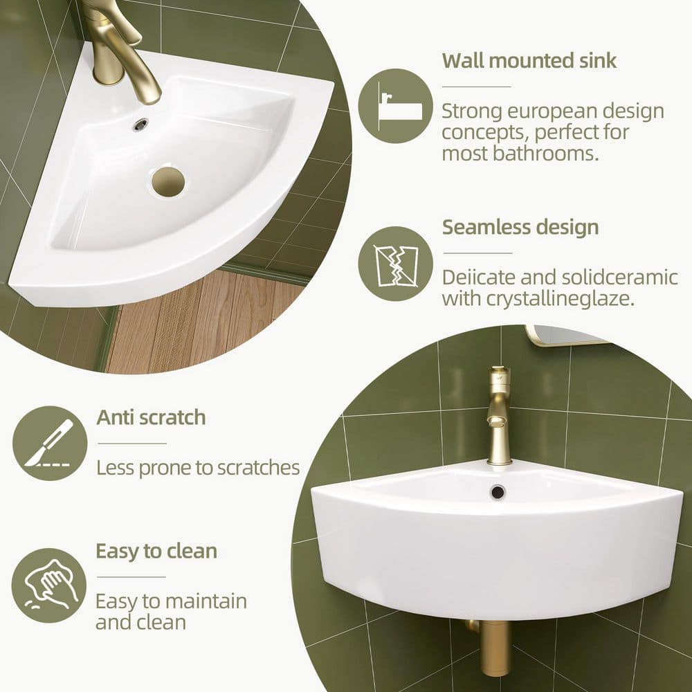 Zeafive 13 in. White Ceramic Corner Wall Mounted RV Bathroom Sink Modern Above Counter Bath Small Mini Sink with Overflow (2)