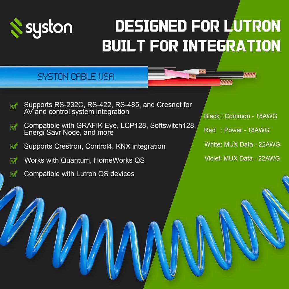 Syston Cable Technology 18/2C+22/1PR CMR Copper Lutron Equivalent GRX-CBL-346S, Liberty LUTRON-YEL, Universal Control and Power Wire (4)