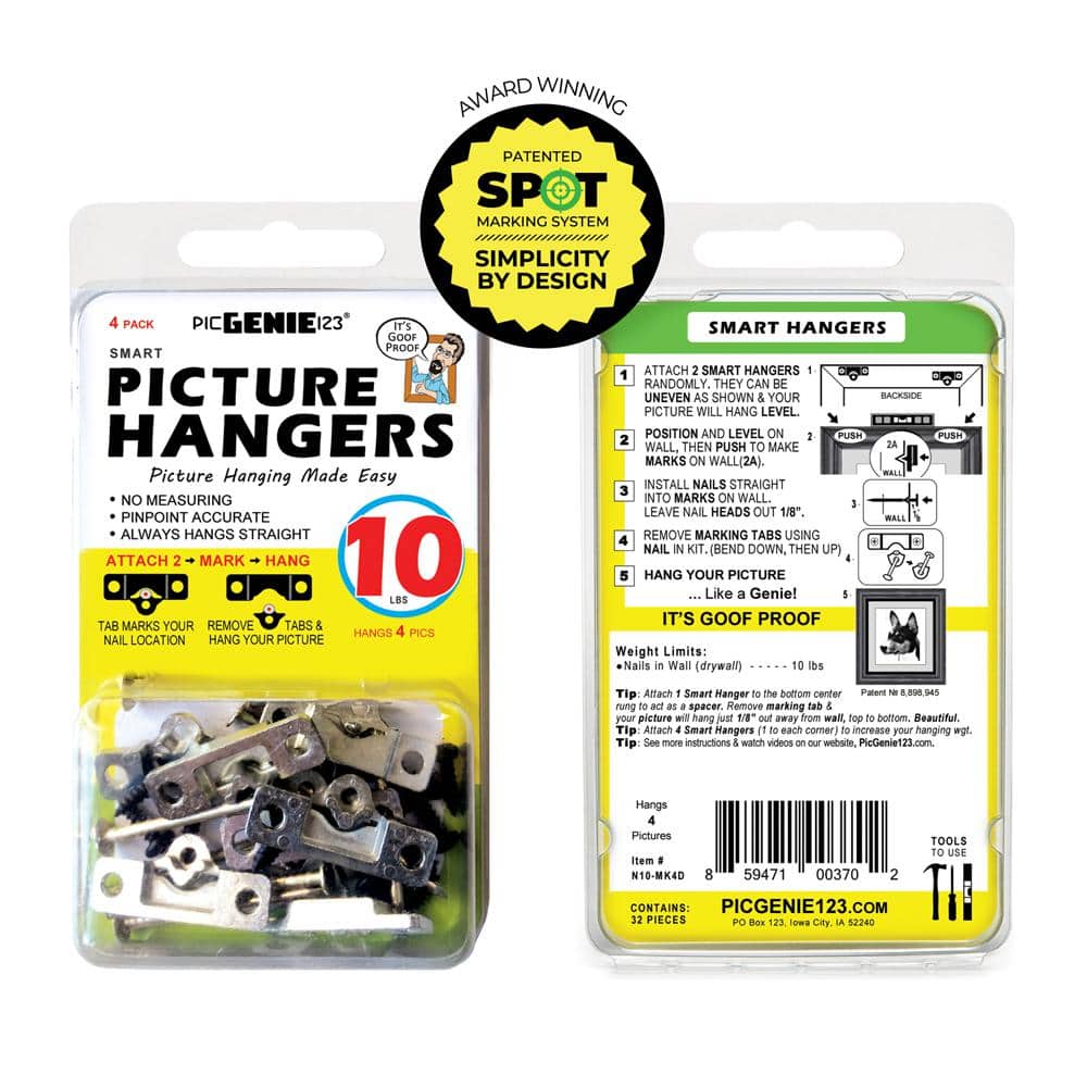 PicGenie123 Picture Hanging Kit 32-Piece Hangs 4-Pics Up To 10 lbs. (4-Pack)