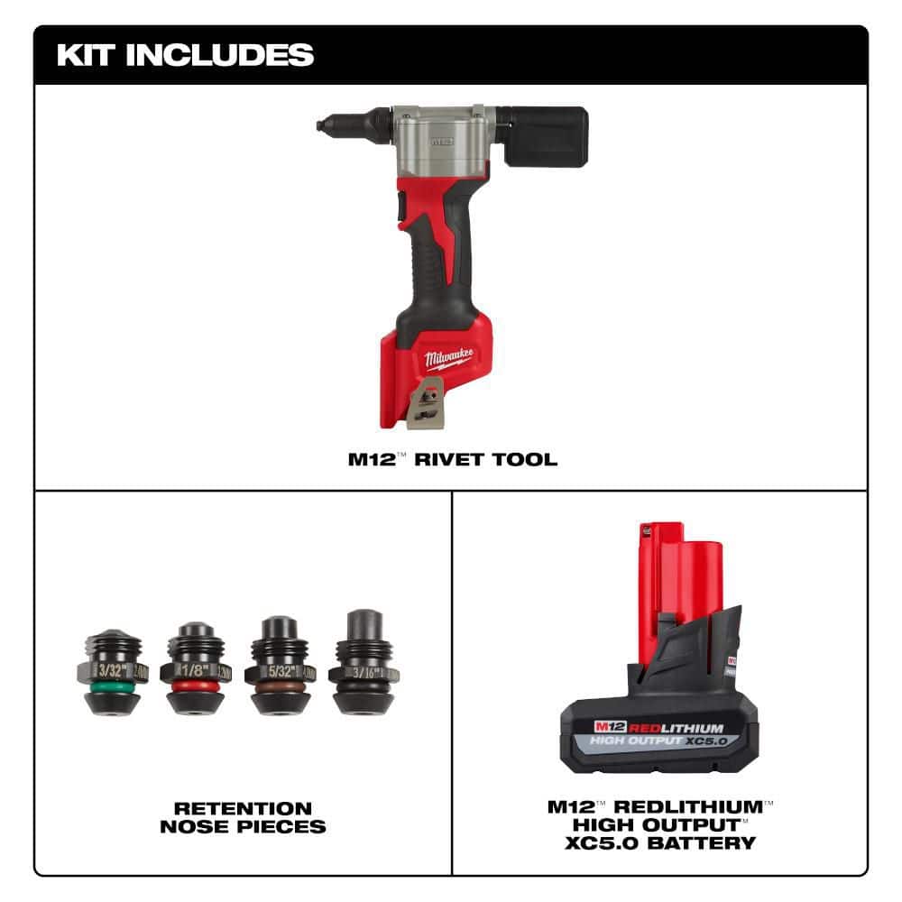 Milwaukee M12 12-Volt Lithium-Ion Cordless Rivet Tool with M12 12-Volt High Output 5.0 Ah Battery Pack (2)