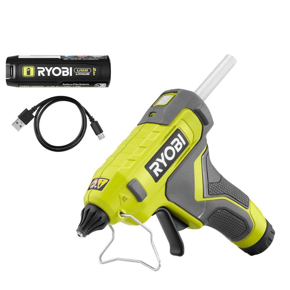 RYOBI USB Lithium Cordless Glue Gun Kit with 2.0 Ah Battery, Charging Cable, and Glue Sticks (3-Piece)