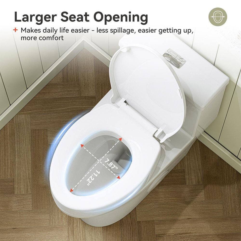 HOROW 1-Piece 0.8/1.28 GPF Dual Flush WaterSense Elongated Toilet in White with Lockable Toilet Seat Riser, Seat Included (2)