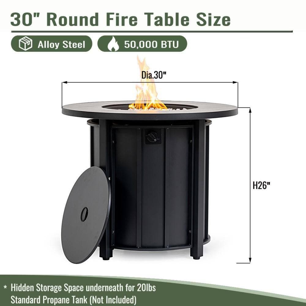 Basdien 30 in. 50000 BTU Propane Fire Pit Table, Patio/Deck/Backyard Heater with Wood Grain Ceramic Tabletop & Glass Rocks Black (2)