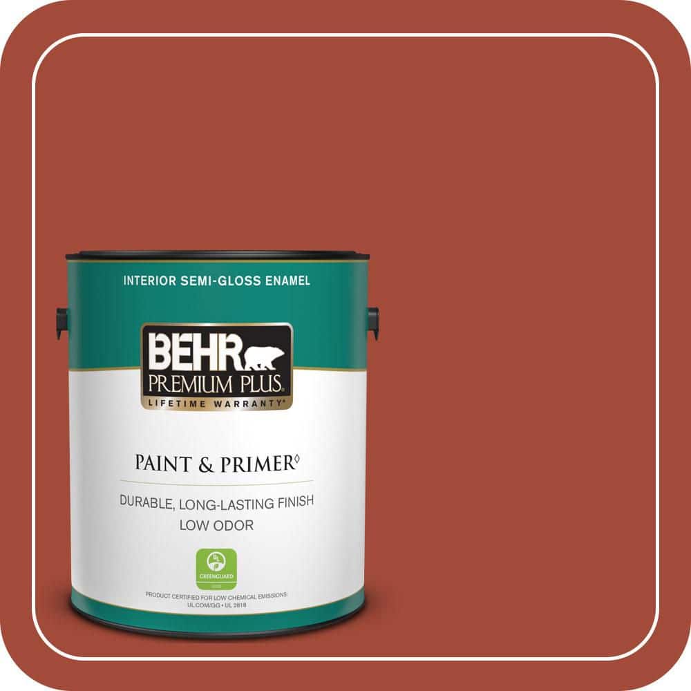 BEHR PREMIUM PLUS 1 gal. #200D-7 Rodeo Red Semi-Gloss Enamel Low Odor Interior Paint & Primer