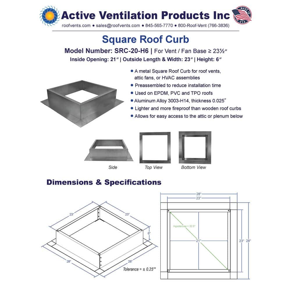 Active Ventilation Box is 23 in. Wide x 23 in. Long x 6 in. High Aluminum Roof Curb (3)