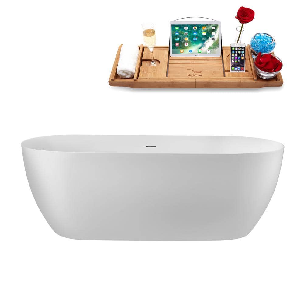 Streamline 67 in. x 30 in. Acrylic Freestanding Soaking Bathtub in Glossy White with Polished Gold Drain, Bamboo Tray (1)