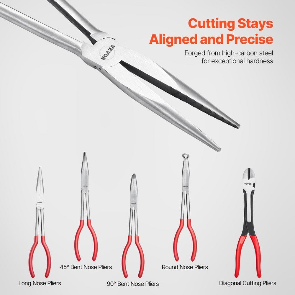 VEVOR 5-Piece Needle Nose Pliers, 11 in Long Needle Nose Pliers Set, Diagonal Cutting Pliers, 45°/ 90° Bent Nose Plier (2)