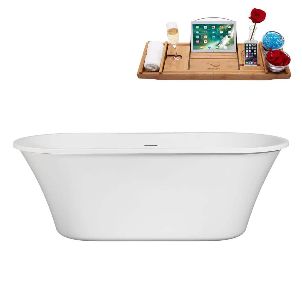 Streamline 66 in. x 29 in. Acrylic Freestanding Soaking Bathtub in Glossy White With Brushed Nickel Drain, Bamboo Tray (1)