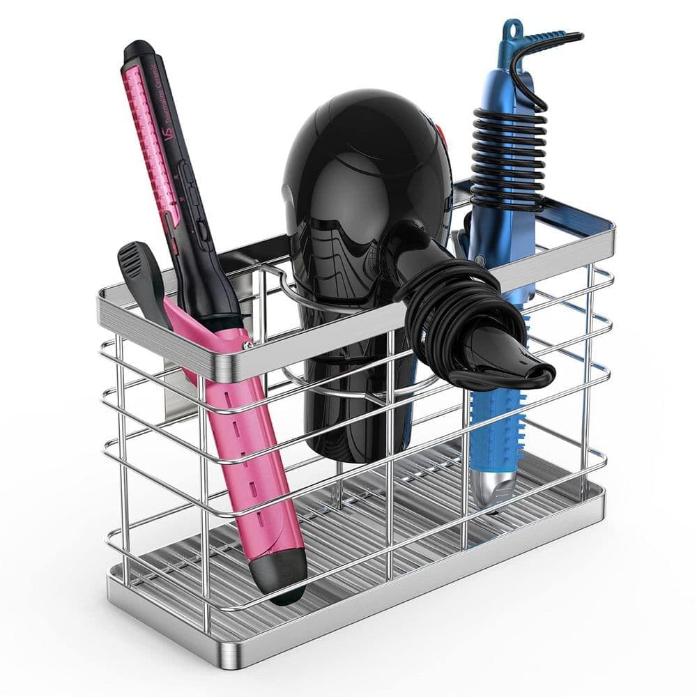 Wudkey Wall Mount and Adhesive Hair Tool Organizer in Silver, Hair Dryer Holder, Curling Iron Holder, Bathroom Organizer (2)