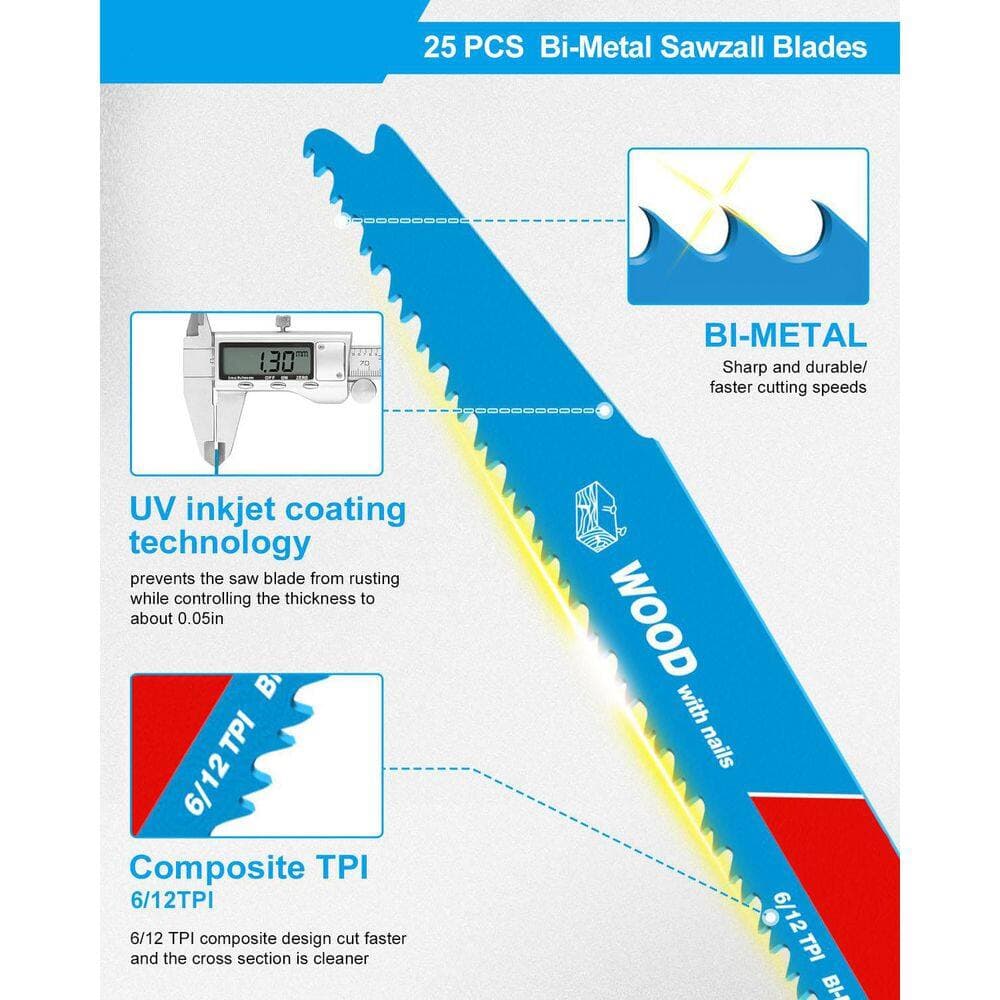 Unbranded 9 in. Bi-Metal Reciprocating Saw Blades with 6/12TPI for Nail-Embedded Wood Cutting and Garden Pruning (25-Pack) (2)