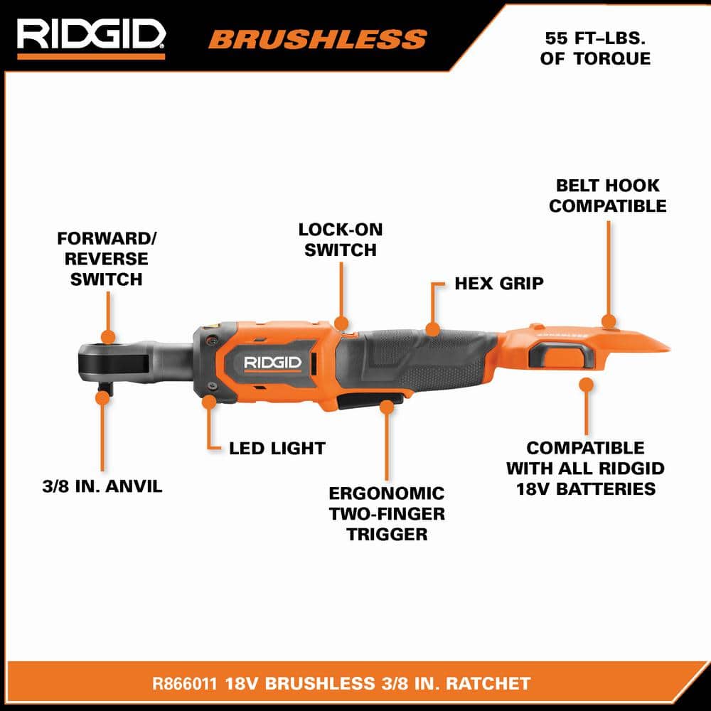 RIDGID 18V Brushless Cordless 3/8 in. Ratchet Kit with 2.0 Ah Battery and Charger (3)
