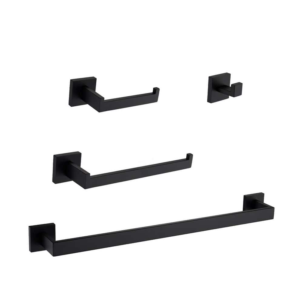 LIVACA 4-Piece Bathroom Hardware Set with Towel Bar, Paper Holder and Hooks in Matte Black for Modern Bathroom and Shower (1)