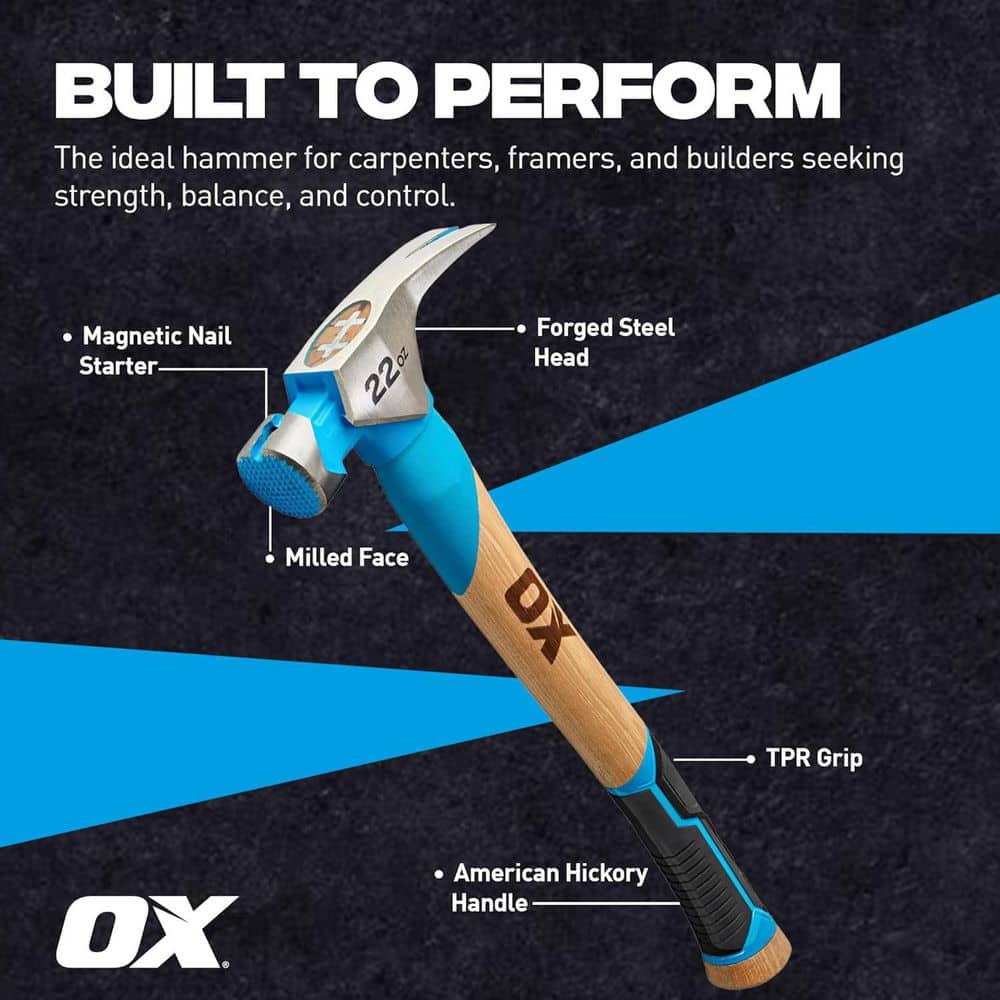 OX TOOLS Pro 22 oz. Milled Face Framing Hammer : Straight Hickory Handle w/ TPR Grip (3)