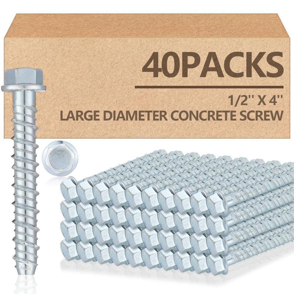 xinyoec 40 Pack 1/2 in. x 4 in. Concrete Screw Anchors Galvanized Large Diameter Heavy Duty Plated Concrete Anchors (1)