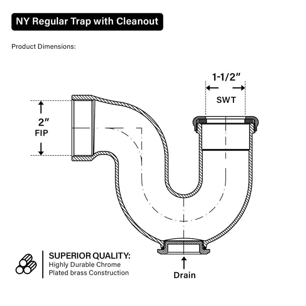 PLUMBFLEX 2 in. x 1-1/2 in. NY Regular Trap with Drain Plug for Tubular Drain Applications, Chrome Plated Brass (3)