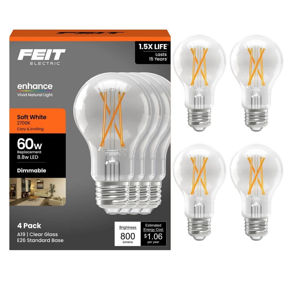 Feit Electric 60-Watt Equivalent A19 Dimmable Clear Glass Filament LED Light Bulb Soft White (4-Pack) (2)