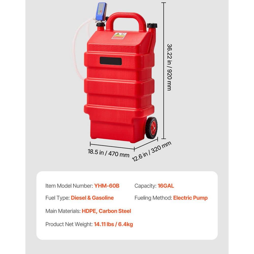 SKYSHALO Fuel Caddy, 16 Gal. Portable Fuel Tank with 12V DC 2.5 GPM Electric Fuel Transfer Pump, 4 ft. Delivery Hose (2)