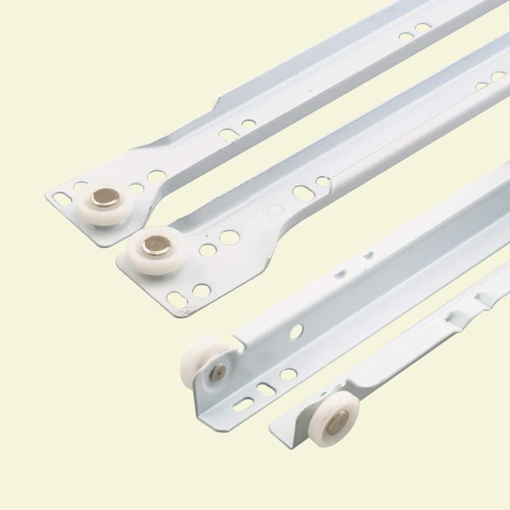 Prime-Line Self-Closing Design -Fits Most Bottom/ Side-Mounted Drawer Systems -15-3/4" Steel Tracks, Plastic Wheels, White (1-pair)