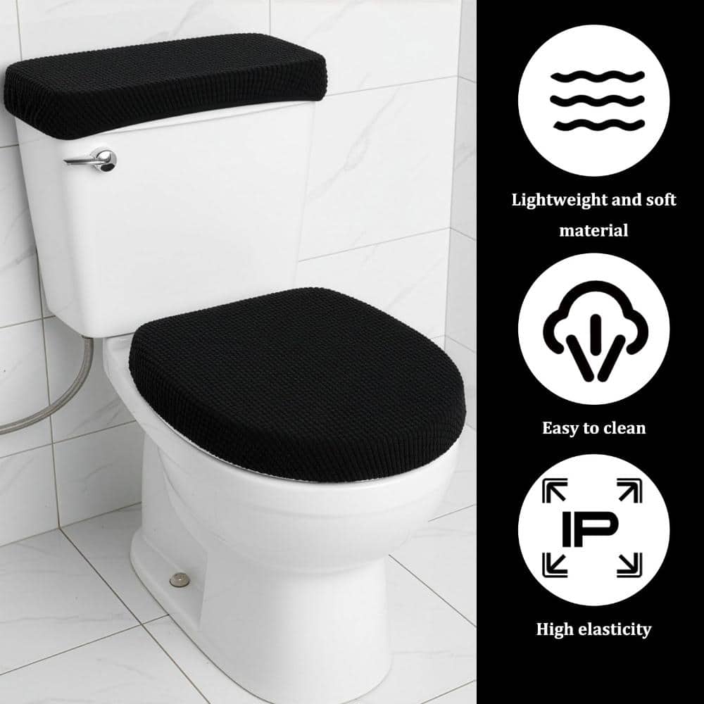 Unbranded Universal Black Polyester Toilet Lid and Tank Cover Set for Toilet Top and Tank Back with Elastic Bottom (3)