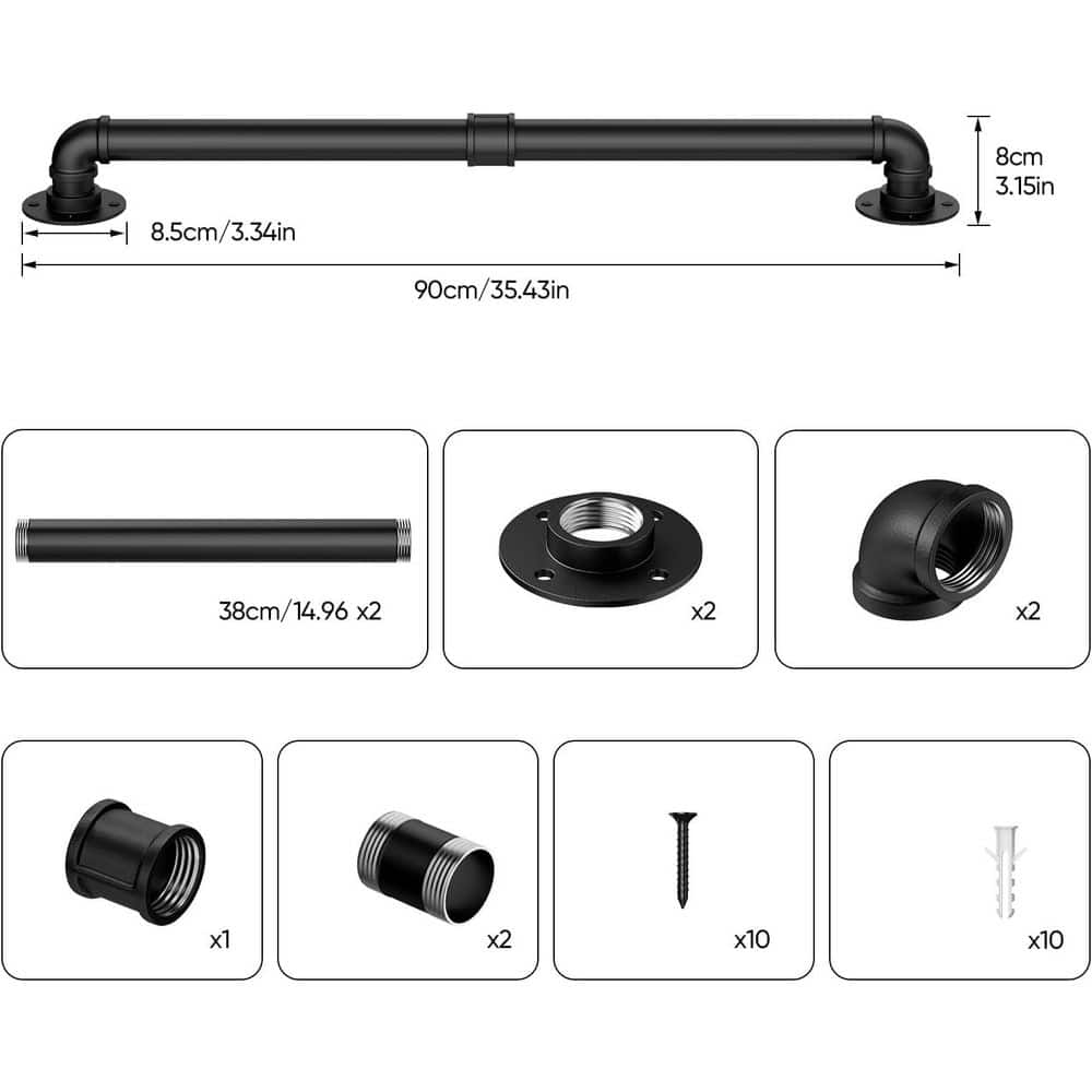 Unbranded 3 ft. Black Metal Handrail Indoor Outdoor Stair Railing Non-Slip Wall Mounted Grab Bar for Steps and Porches (2)