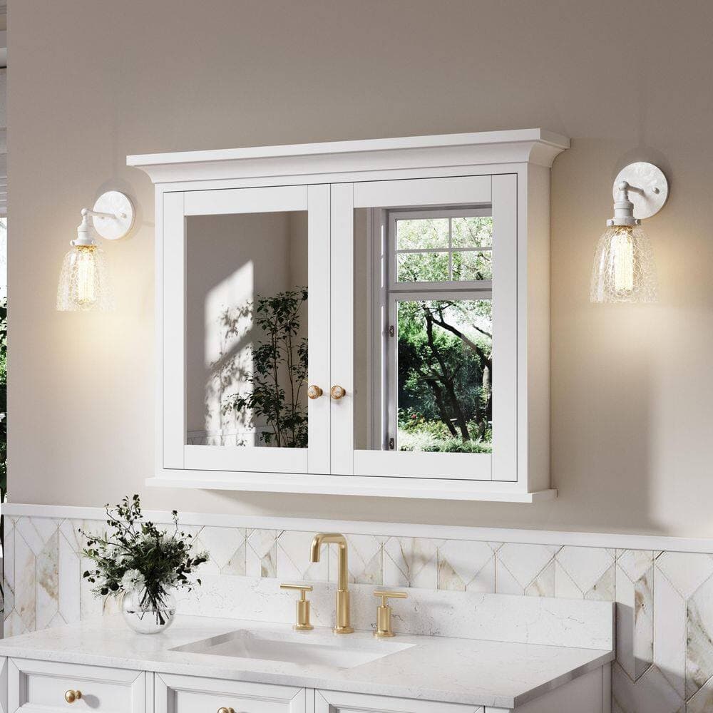 FORCLOVER Solid Rubber Wood 40 in. W x 30 in. H Rectangular Surface Mount Solid Wood Medicine Cabinet with Mirror Double Doors (2)
