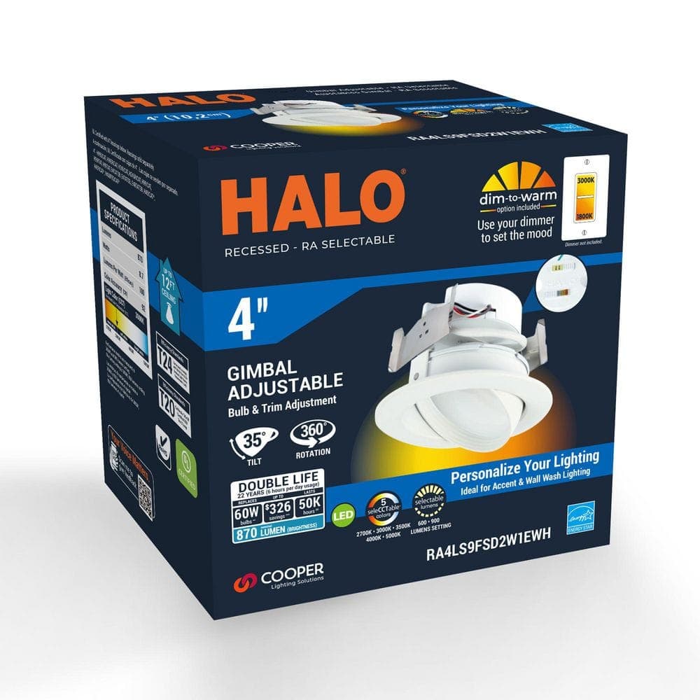 HALO 1-pack RA 4 in. Integrated LED Recessed Light Trim, 600 Lumens/900 Lumens, 5 Selectable CCT, D2W, 120-Volt, White (3)