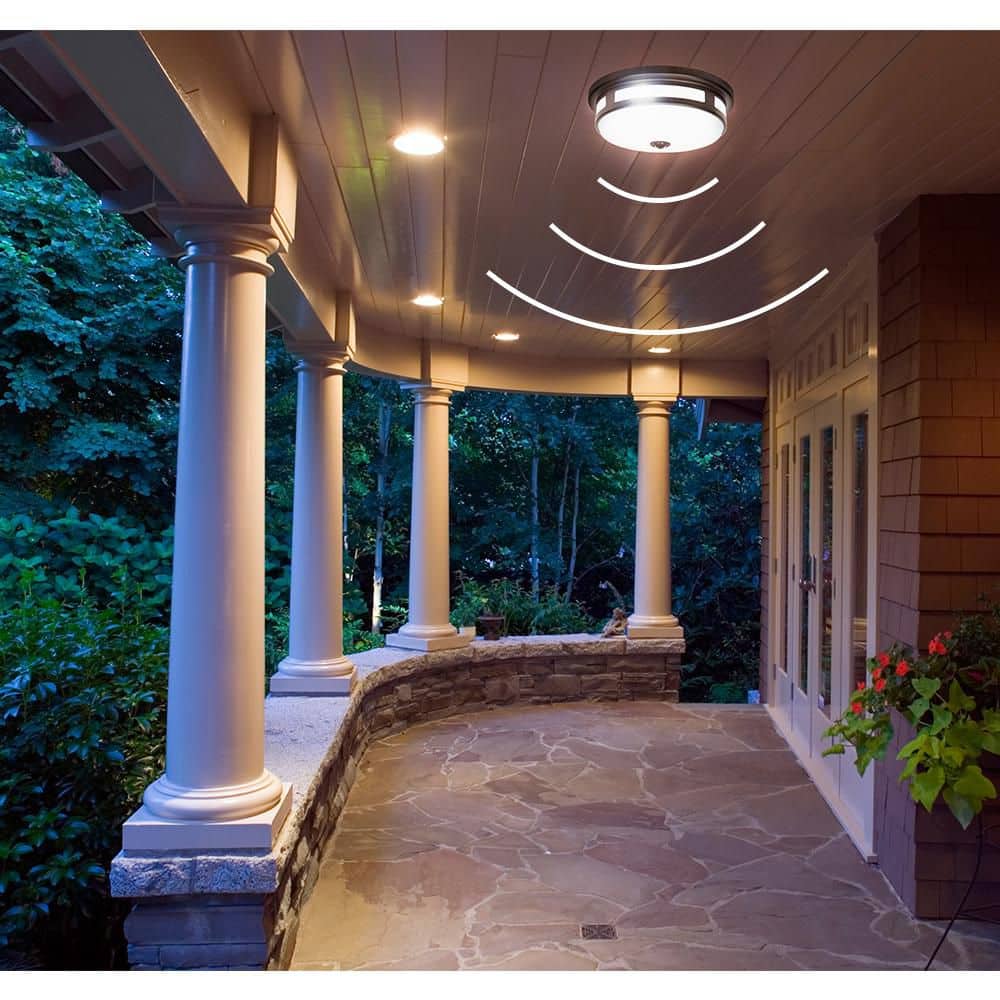 Hampton Bay Greenhaven 11 in. 1-Light Black Motion Sensing LED Outdoor Flush Mount Light Color Selectable Ceiling Light 830 Lumens (3)