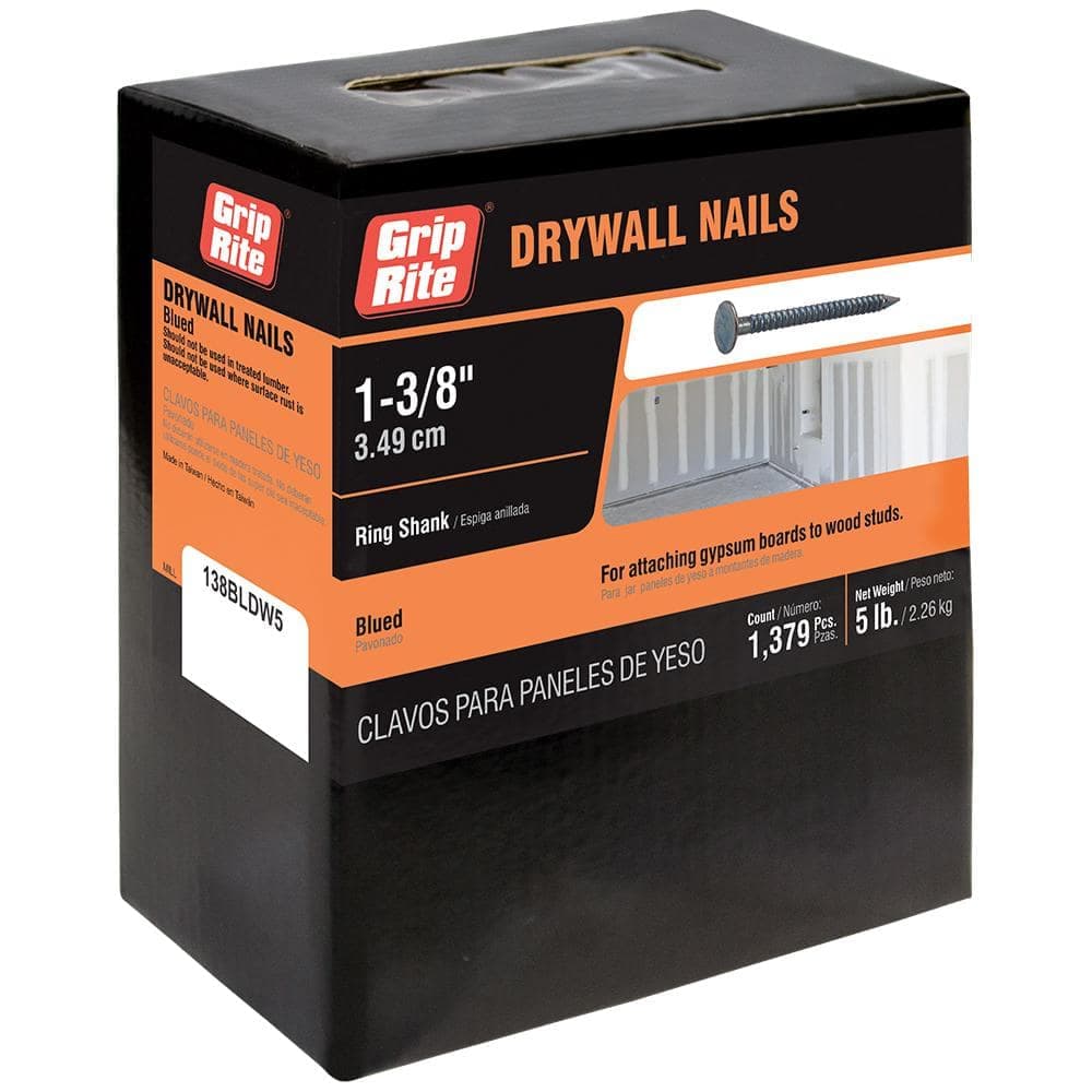 Grip-Rite 1-3/8 in. x 12-1/2-Gauge Blued Ring Shank Drywall Nails 5 lb. Box
