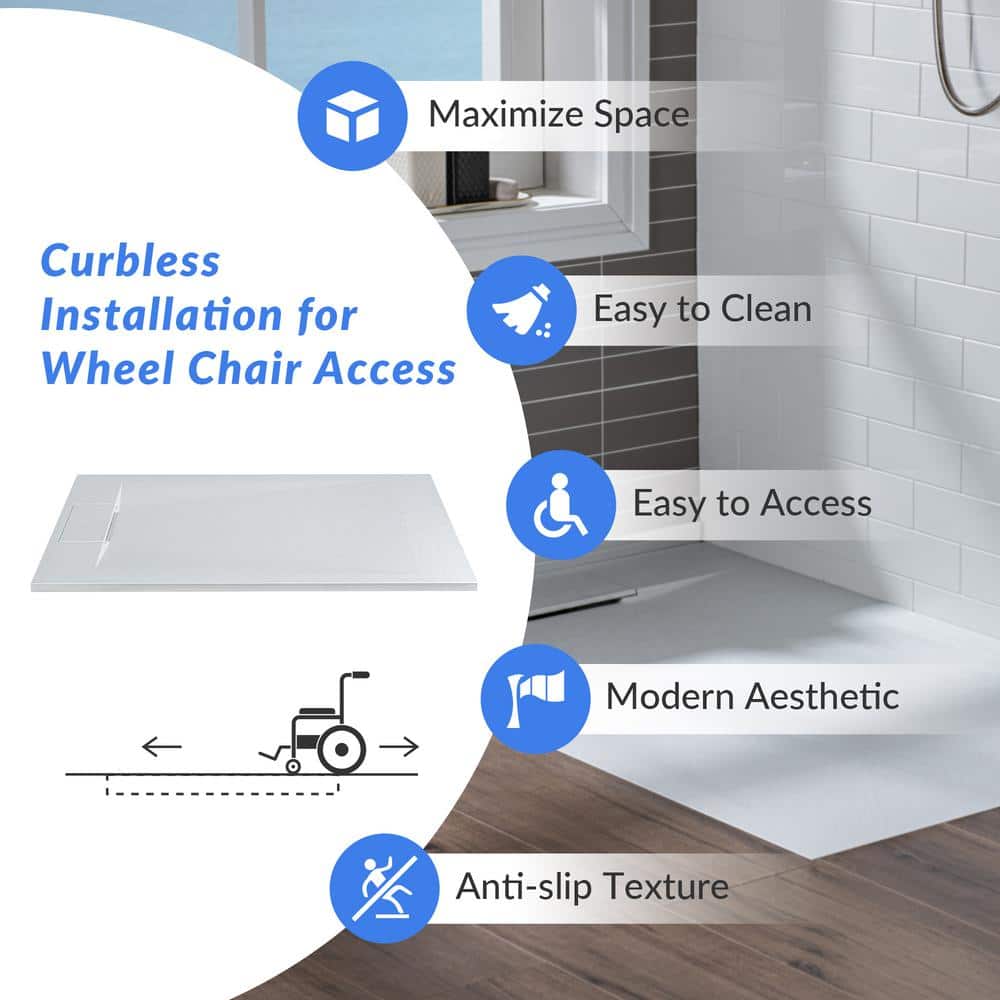 WOODBRIDGE 60 in. L 35.375 in. W Alcove Shower Pan Base with Left/Right Drain in, Low Profile, Wheel Chair Access (4)