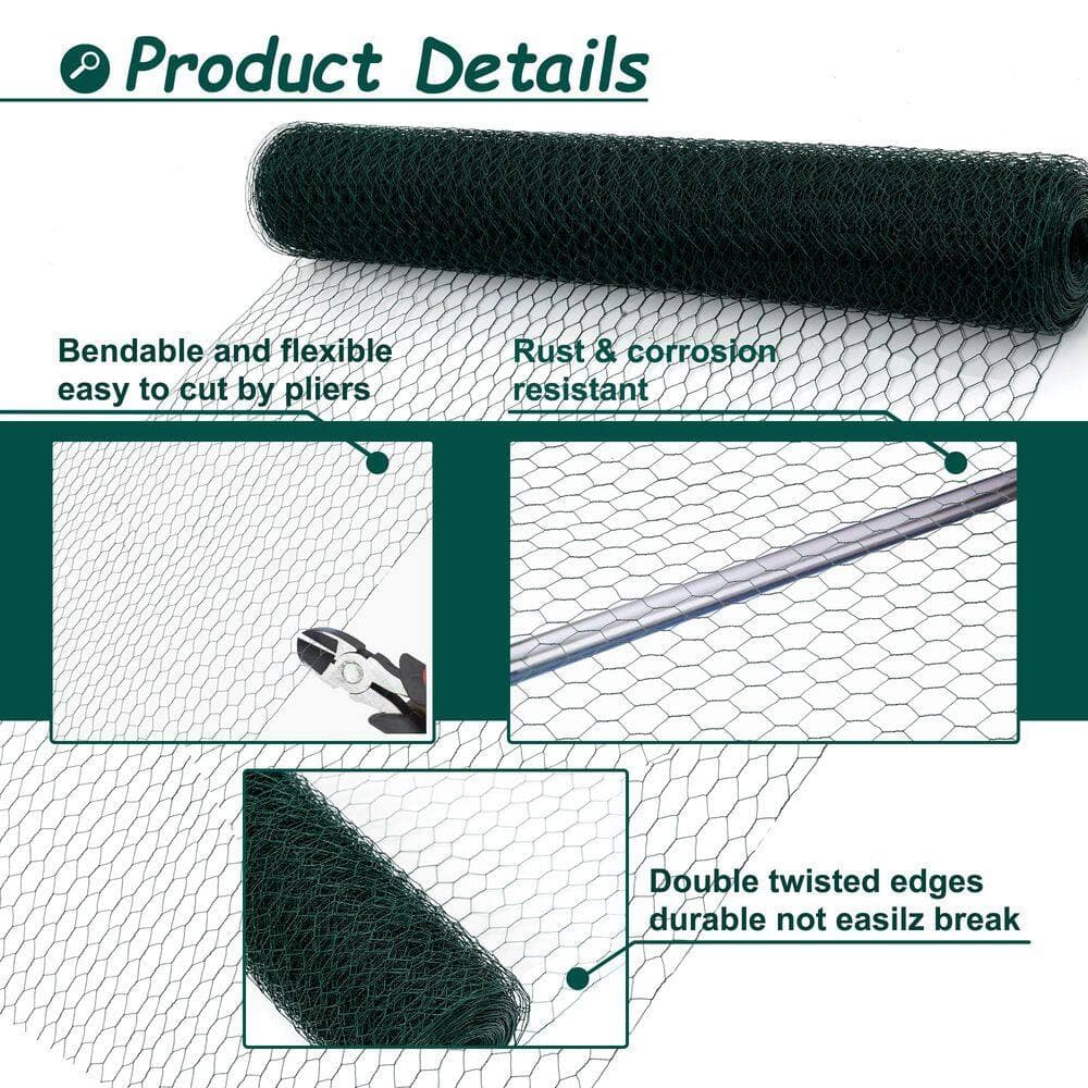 PDTEND 3.6 ft. x 196.85 ft. Outdoor 1.57 in. x 1 in. 19 Gauge Green Galvanized Hexagonal Anti-Rust Chicken Wire Poultry Netting (3)