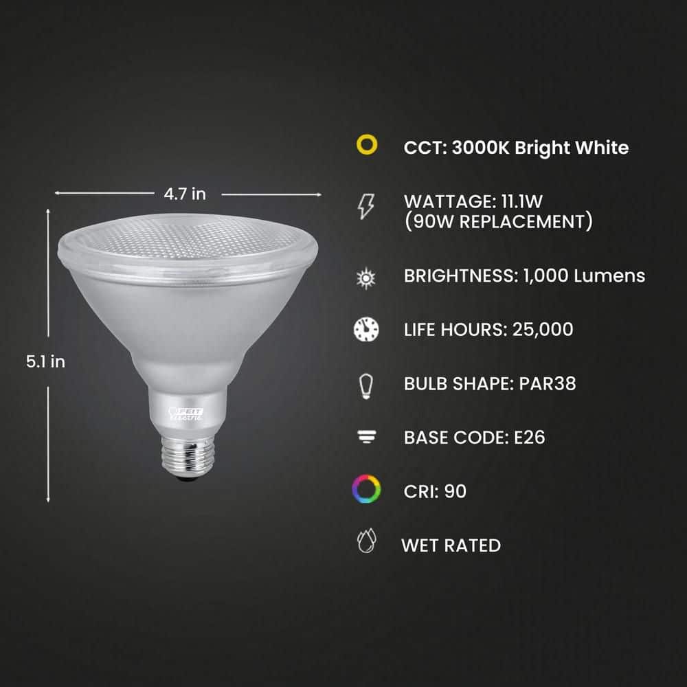 Feit Electric 90-Watt Equivalent PAR38 Dimmable CEC Title 20 Outdoor 90 E26 Medium Flood LED Light Bulb, Bright White 3000K (2-Pack) (3)
