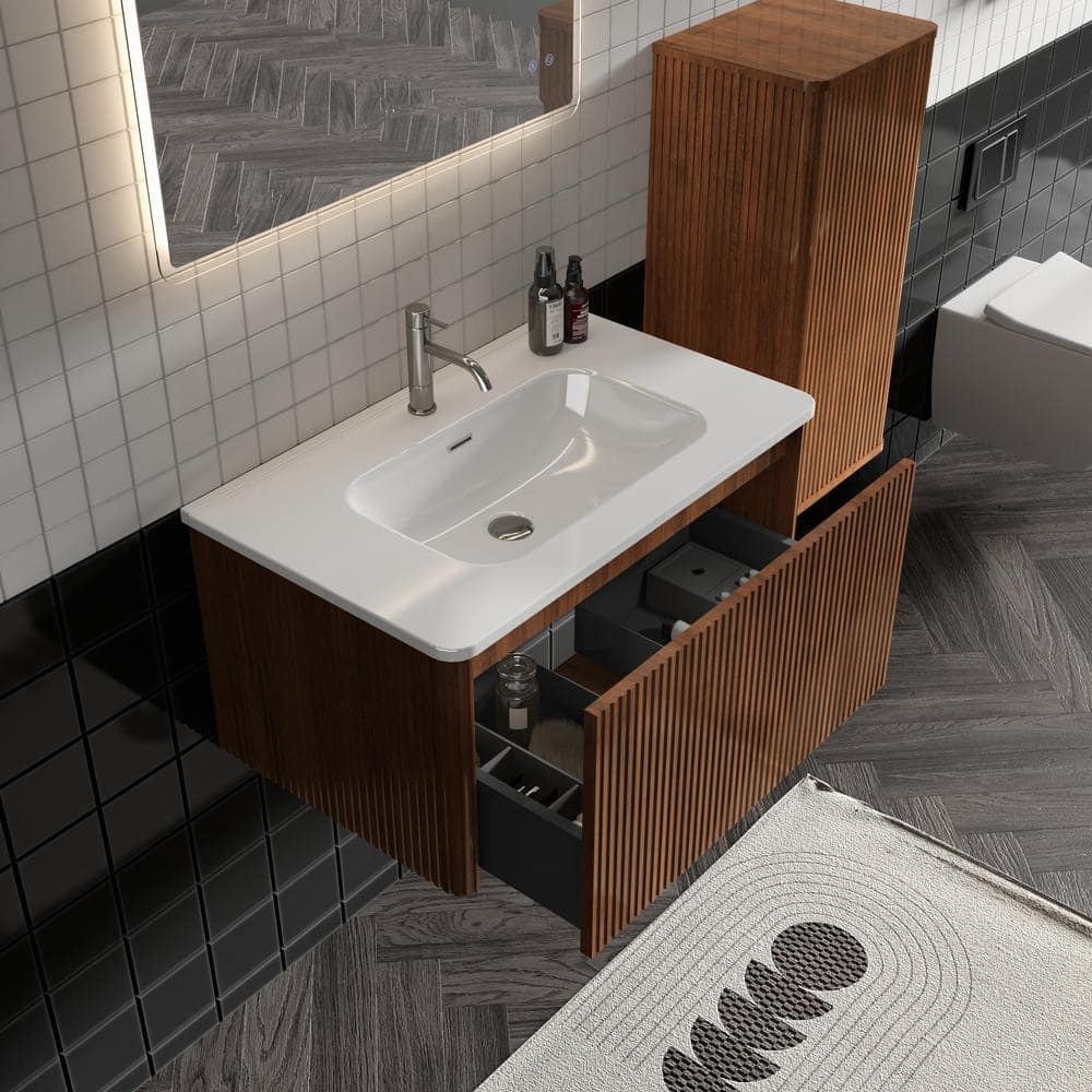 Unbranded 14 in. W x 11 in. D x 30 in. H Bathroom Storage Wall Cabinet in Walnut (1)