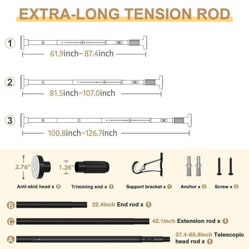 Wudkey 2-Pack 41 in. to 126 in. Adjustable Tension Shower Curtain Rod in Black for Window, Bathroom, 1.26 in. Dia. Shower Rod (2)