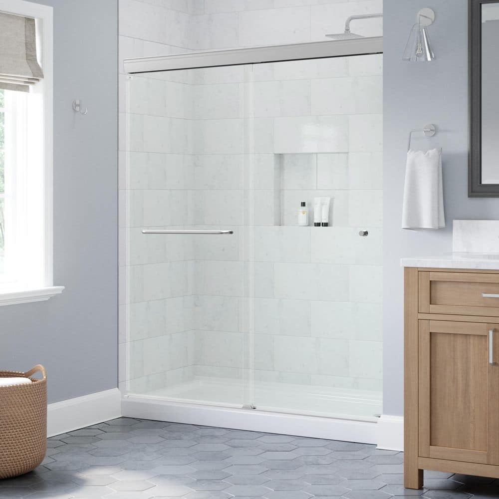 Delta Portwood 52 to 60 in. W 70-1/4 in. H Semi-Frameless Sliding Shower Door Nickel with 1/4 in. Glass