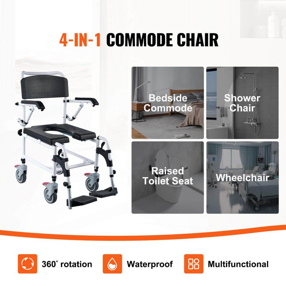 SVOPES Shower Commode Wheelchair, 4-Lockable Wheels, Footrests, 34.45 in. x 22.05 in. Armrests, Toilet Seat, Black (2)