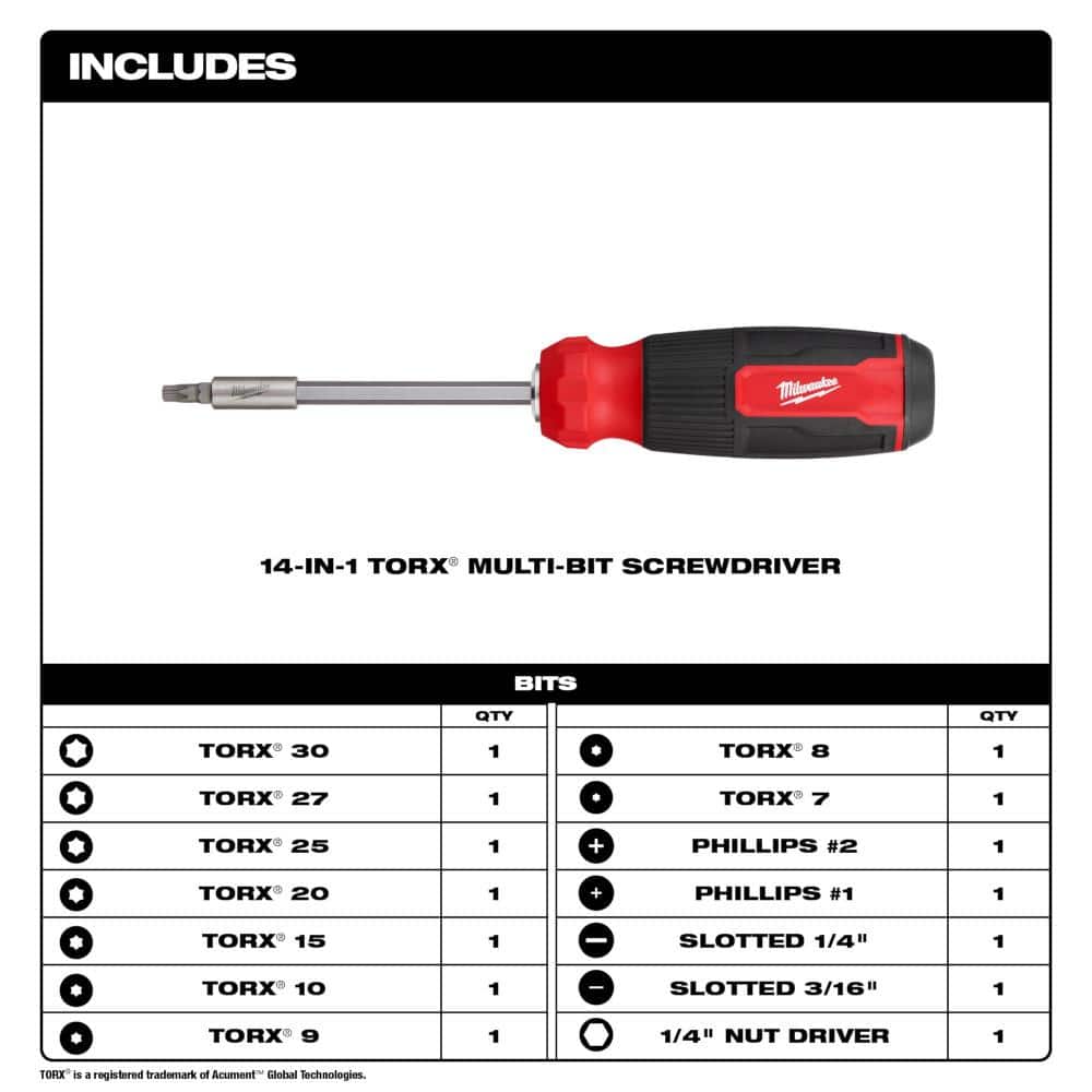 Milwaukee 14-in-1 Torx Multi-Bit Screwdriver with Fastback 6-in-1 Folding Utility Knives with General Purpose Blade (2-Piece) (2)