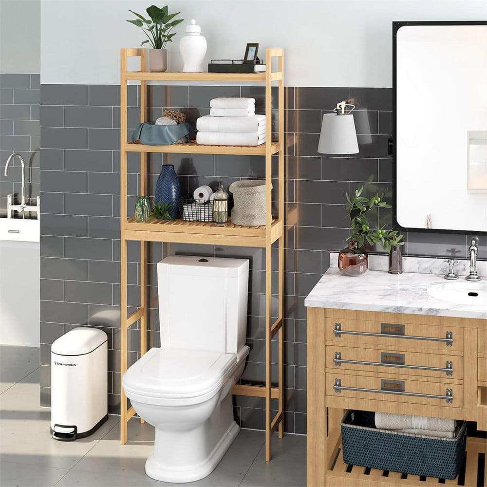 Dracelo 24.8 in. W x 64.2 in. H x 10.2 in. D Brown Bamboo 3-Tier Bathroom Over-the-Toilet Storage in Natural (3)
