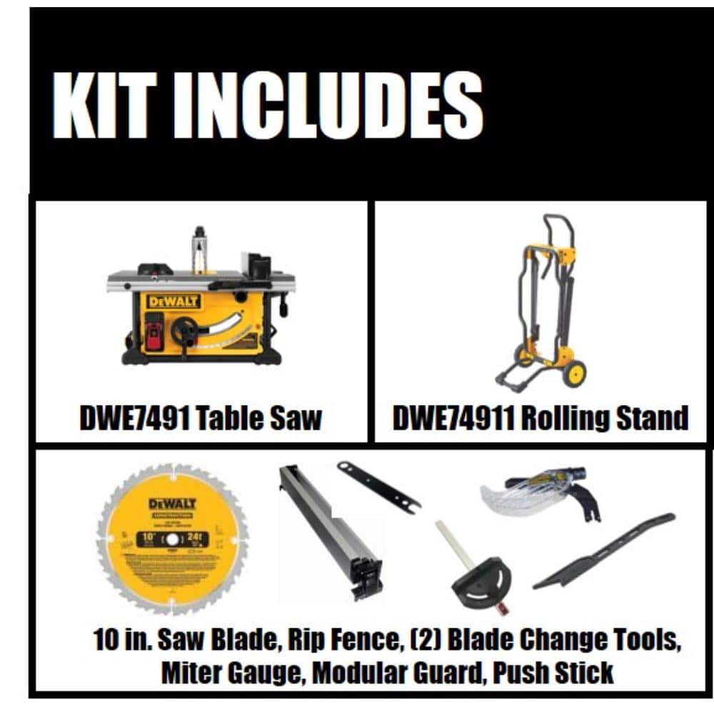DEWALT 15 Amp Corded 10 in. Job Site Table Saw with Rolling Stand with 20V 1/2 in. Drill/Driver, Two 1.3Ah Batteries & Charger (3)