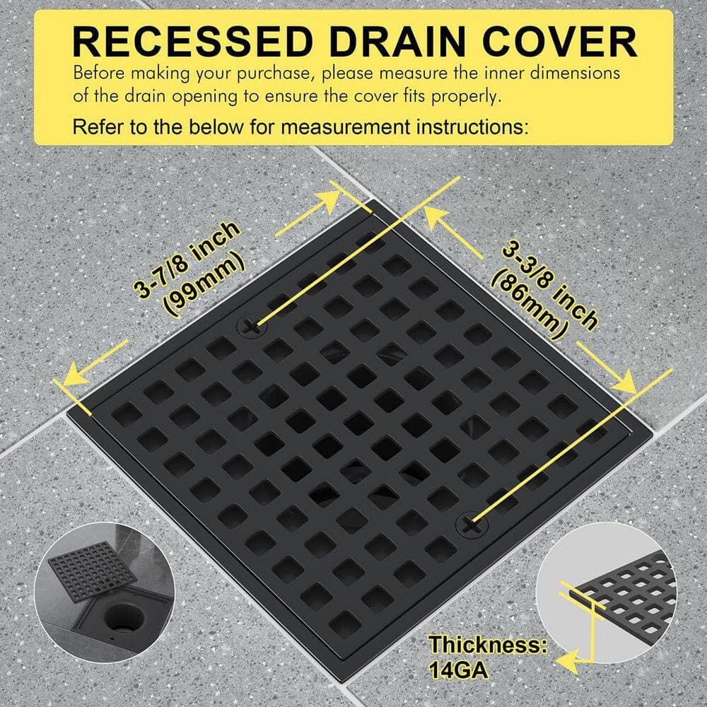 Wudkey 0.078 in. H x 4 in. D Matte Black Shower Drain Cover, Squaare Stainless Steel Floor Drain Cover Replacement (2)